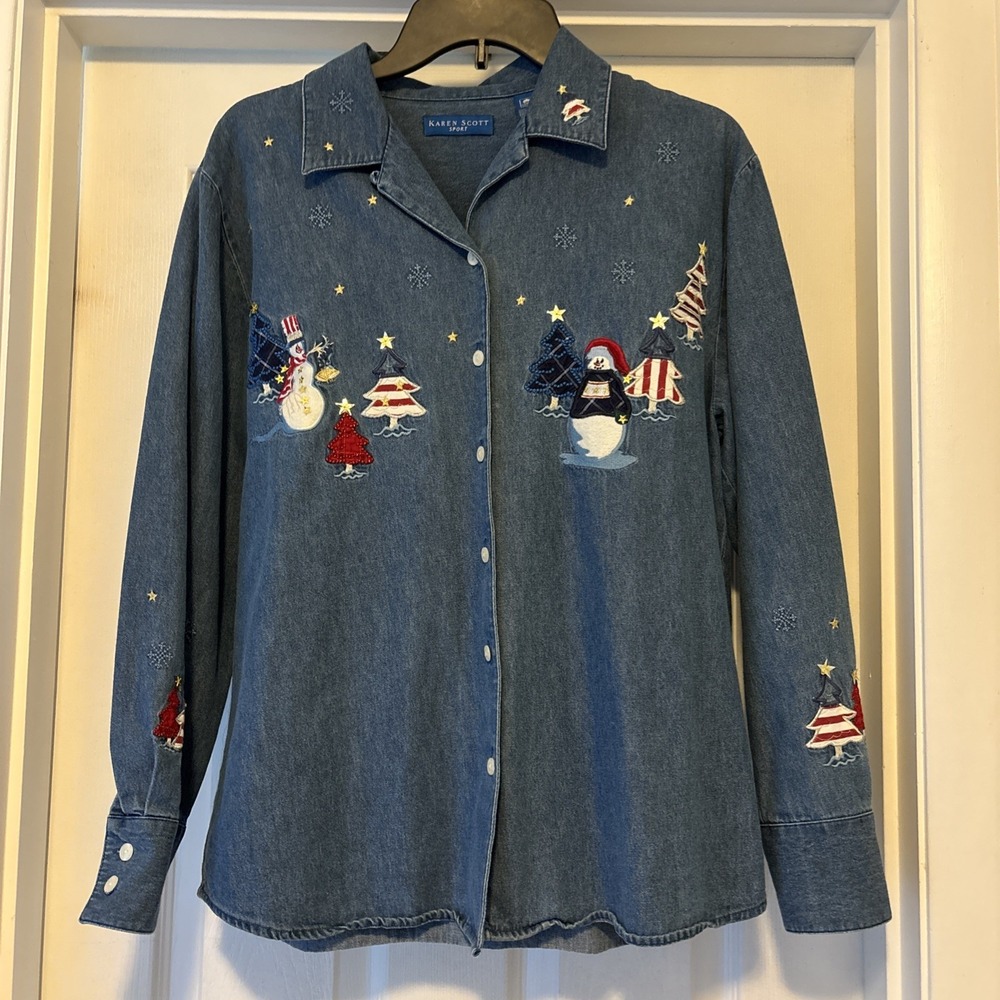 Vtg Karen Scott Partiotic Americana Christmas Chambray Denim Shirt Snowman Med